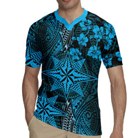 Vintage Tonga Tribal Ngatu Pattern Rugby Jersey With Pacific Floral Aqua Art LT9 - Polynesian Pride