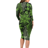Vintage Tonga Tribal Ngatu Pattern Long Sleeve Bodycon Dress With Pacific Floral Lime Green Art