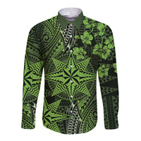 Vintage Tonga Tribal Ngatu Pattern Long Sleeve Button Shirt With Pacific Floral Lime Green Art LT9 Unisex Lime Green - Polynesian Pride