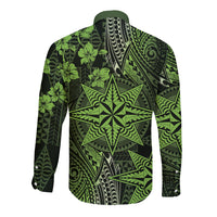 Vintage Tonga Tribal Ngatu Pattern Long Sleeve Button Shirt With Pacific Floral Lime Green Art LT9 - Polynesian Pride