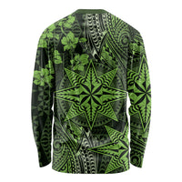 Vintage Tonga Tribal Ngatu Pattern Long Sleeve Shirt With Pacific Floral Lime Green Art