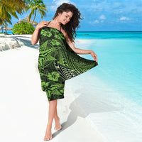Vintage Tonga Tribal Ngatu Pattern Sarong With Pacific Floral Lime Green Art LT9 - Polynesian Pride