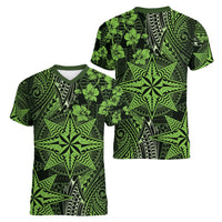 Vintage Tonga Tribal Ngatu Pattern Women V-Neck T-Shirt With Pacific Floral Lime Green Art LT9 - Polynesian Pride