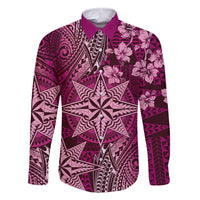 Vintage Tonga Tribal Ngatu Pattern Family Matching Off The Shoulder Long Sleeve Dress and Hawaiian Shirt With Pacific Floral Pink Art