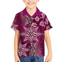 Vintage Tonga Tribal Ngatu Pattern Family Matching Tank Maxi Dress and Hawaiian Shirt With Pacific Floral Pink Art