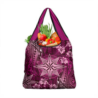 Vintage Tonga Tribal Ngatu Pattern Grocery Bag With Pacific Floral Pink Art