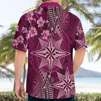 Vintage Tonga Tribal Ngatu Pattern Hawaiian Shirt With Pacific Floral Pink Art
