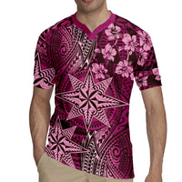 Vintage Tonga Tribal Ngatu Pattern Rugby Jersey With Pacific Floral Pink Art LT9 - Polynesian Pride