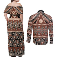 Vintage Bula Fiji Couples Matching Off Shoulder Maxi Dress and Long Sleeve Button Shirt Brown Tapa Masi Motif