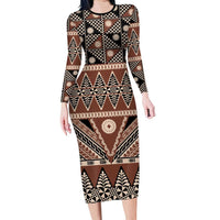 Vintage Bula Fiji Family Matching Long Sleeve Bodycon Dress and Hawaiian Shirt Brown Tapa Masi Motif