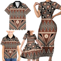 Vintage Bula Fiji Family Matching Short Sleeve Bodycon Dress and Hawaiian Shirt Brown Tapa Masi Motif
