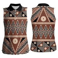 Vintage Bula Fiji Women Sleeveless Polo Shirt Brown Tapa Masi Motif