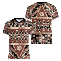 Vintage Bula Fiji Women V-Neck T-Shirt Brown Tapa Masi Motif LT9 - Polynesian Pride