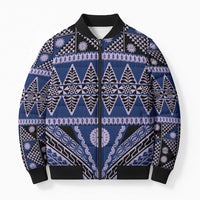 Vintage Bula Fiji Bomber Puffer Jacket Prussian Blue Tapa Masi Motif LT9 Unisex Blue - Polynesian Pride