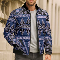 Vintage Bula Fiji Bomber Puffer Jacket Prussian Blue Tapa Masi Motif LT9 - Polynesian Pride