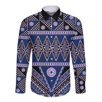 Vintage Bula Fiji Long Sleeve Button Shirt Prussian Blue Tapa Masi Motif LT9 Unisex Blue - Polynesian Pride