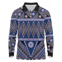 Vintage Bula Fiji Long Sleeve Polo Shirt Prussian Blue Tapa Masi Motif LT9 Blue - Polynesian Pride