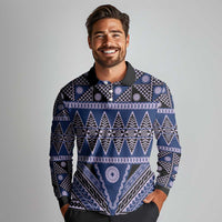 Vintage Bula Fiji Long Sleeve Polo Shirt Prussian Blue Tapa Masi Motif LT9 - Polynesian Pride