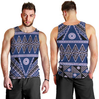 Vintage Bula Fiji Men Tank Top Prussian Blue Tapa Masi Motif LT9 - Polynesian Pride