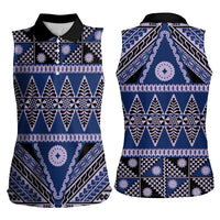 Vintage Bula Fiji Women Sleeveless Polo Shirt Prussian Blue Tapa Masi Motif