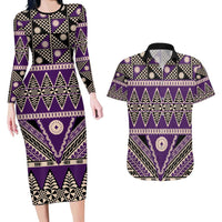 Vintage Bula Fiji Couples Matching Long Sleeve Bodycon Dress and Hawaiian Shirt Purple Tapa Masi Motif