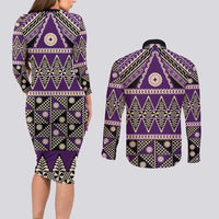 Vintage Bula Fiji Couples Matching Long Sleeve Bodycon Dress and Long Sleeve Button Shirt Purple Tapa Masi Motif