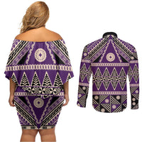 Vintage Bula Fiji Couples Matching Off Shoulder Short Dress and Long Sleeve Button Shirt Purple Tapa Masi Motif