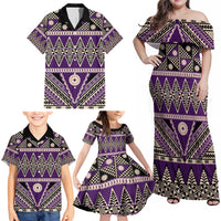 Vintage Bula Fiji Family Matching Off Shoulder Maxi Dress and Hawaiian Shirt Purple Tapa Masi Motif