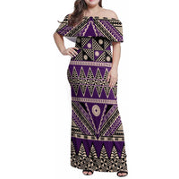 Vintage Bula Fiji Family Matching Off Shoulder Maxi Dress and Hawaiian Shirt Purple Tapa Masi Motif