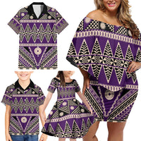 Vintage Bula Fiji Family Matching Off Shoulder Short Dress and Hawaiian Shirt Purple Tapa Masi Motif
