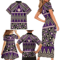 Vintage Bula Fiji Family Matching Short Sleeve Bodycon Dress and Hawaiian Shirt Purple Tapa Masi Motif