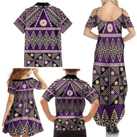 Vintage Bula Fiji Family Matching Summer Maxi Dress and Hawaiian Shirt Purple Tapa Masi Motif