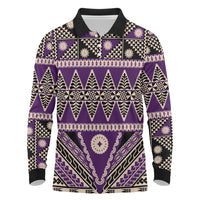 Vintage Bula Fiji Long Sleeve Polo Shirt Purple Tapa Masi Motif