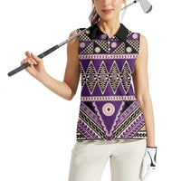 Vintage Bula Fiji Women Sleeveless Polo Shirt Purple Tapa Masi Motif