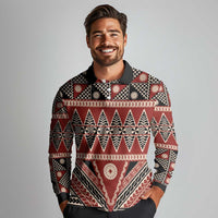 Vintage Bula Fiji Long Sleeve Polo Shirt Red Tapa Masi Motif LT9 - Polynesian Pride