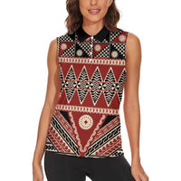 Vintage Bula Fiji Women Sleeveless Polo Shirt Red Tapa Masi Motif LT9 - Polynesian Pride