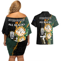 South Africa Protea and New Zealand Couples Matching Off Shoulder Short Dress and Hawaiian Shirt Go All Black-Springboks Rugby with Kente And Maori LT9 - Polynesian Pride
