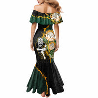 South Africa Protea and New Zealand Mermaid Dress Go All Black-Springboks Rugby with Kente And Maori LT9 - Polynesian Pride