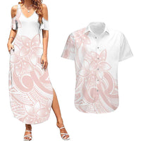 Polynesian Tribal Plumeria Lotu Tamaiti Couples Matching Summer Maxi Dress and Hawaiian Shirt Pastel Blush - Polynesian Pride