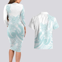 Polynesian Tribal Plumeria Lotu Tamaiti Couples Matching Long Sleeve Bodycon Dress and Hawaiian Shirt Pastel Cyan - Polynesian Pride