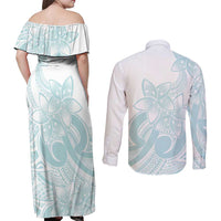 Polynesian Tribal Plumeria Lotu Tamaiti Couples Matching Off Shoulder Maxi Dress and Long Sleeve Button Shirt Pastel Cyan - Polynesian Pride