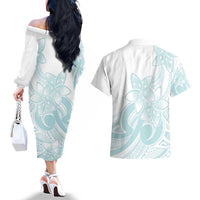 Polynesian Tribal Plumeria Lotu Tamaiti Couples Matching Off The Shoulder Long Sleeve Dress and Hawaiian Shirt Pastel Cyan - Polynesian Pride