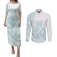 Polynesian Tribal Plumeria Lotu Tamaiti Couples Matching Puletasi and Long Sleeve Button Shirt Pastel Cyan - Polynesian Pride