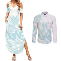 Polynesian Tribal Plumeria Lotu Tamaiti Couples Matching Summer Maxi Dress and Long Sleeve Button Shirt Pastel Cyan - Polynesian Pride