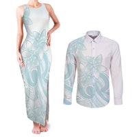 Polynesian Tribal Plumeria Lotu Tamaiti Couples Matching Tank Maxi Dress and Long Sleeve Button Shirt Pastel Cyan - Polynesian Pride