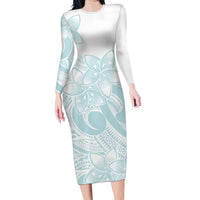 Polynesian Tribal Plumeria Lotu Tamaiti Family Matching Long Sleeve Bodycon Dress and Hawaiian Shirt Pastel Cyan - Polynesian Pride