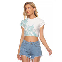 Polynesian Tribal Plumeria Lotu Tamaiti Raglan Cropped T Shirt Pastel Cyan - Polynesian Pride