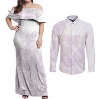 Polynesian Tribal Plumeria Lotu Tamaiti Couples Matching Off Shoulder Maxi Dress and Long Sleeve Button Shirt Pastel Mauve - Polynesian Pride