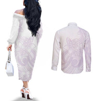 Polynesian Tribal Plumeria Lotu Tamaiti Couples Matching Off The Shoulder Long Sleeve Dress and Long Sleeve Button Shirt Pastel Mauve - Polynesian Pride