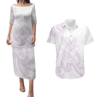Polynesian Tribal Plumeria Lotu Tamaiti Couples Matching Puletasi and Hawaiian Shirt Pastel Mauve - Polynesian Pride